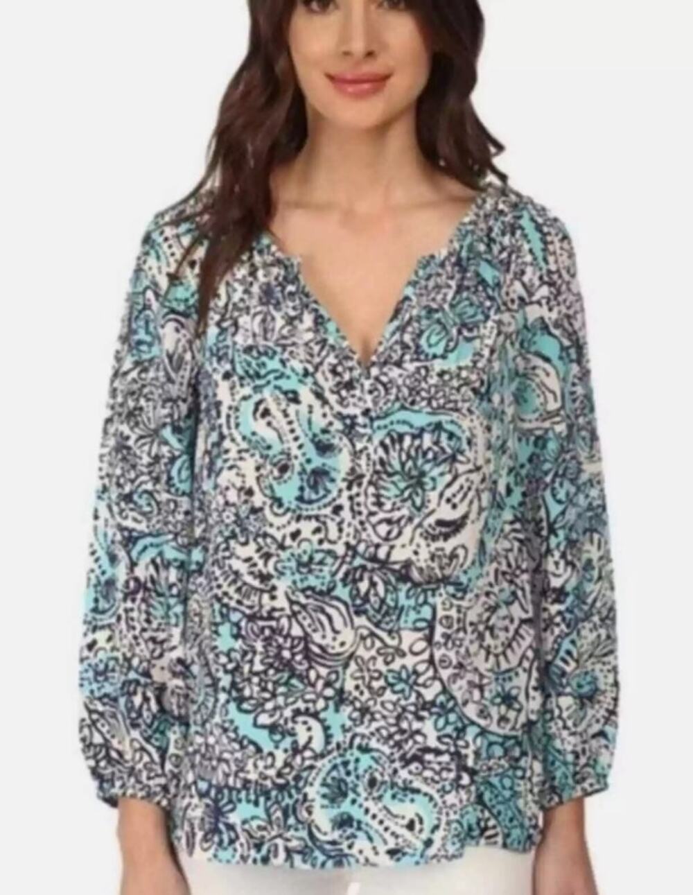 LILLY PULITZER Silk Sarabeth Top Medium Shorley Blue Hippy Hippy Shake